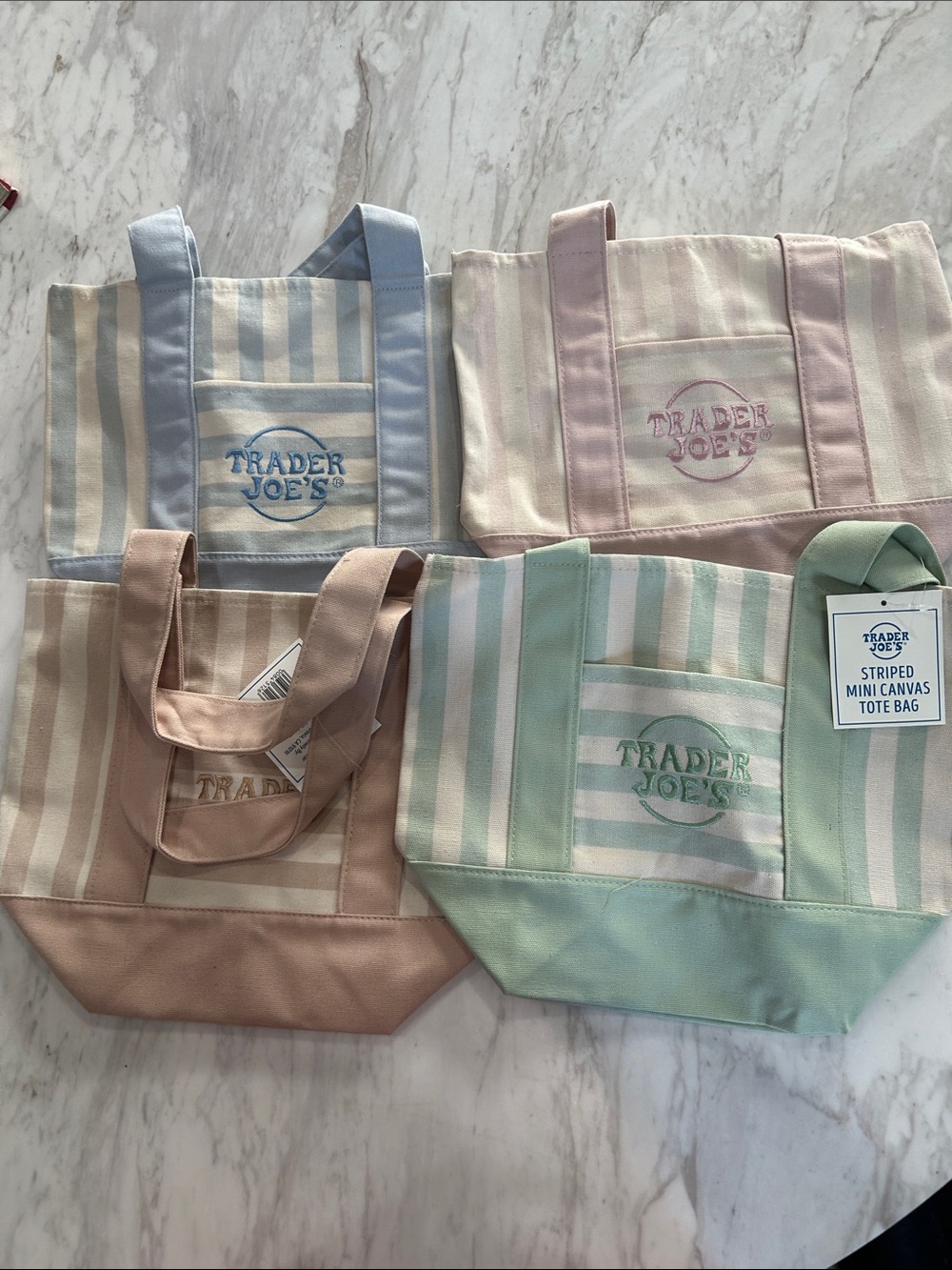 Trader Joe's Pastel Striped Canvas Tote - Mint, Blue, Pink, Beige set of 4 bags